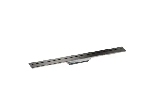 Drainage-System von AXOR in poliertem Schwarzchrom, ideal für die Wandmontage, präsentiert sich in einer langen, schmalen Form mit zwei rauen Öffnungen für den Wasserabfluss.